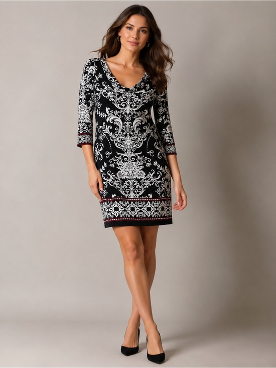 White House Black Market Dresses & Skirts - White House Black Market L Black White Scroll Print Cowl Neck Sheath Dress
